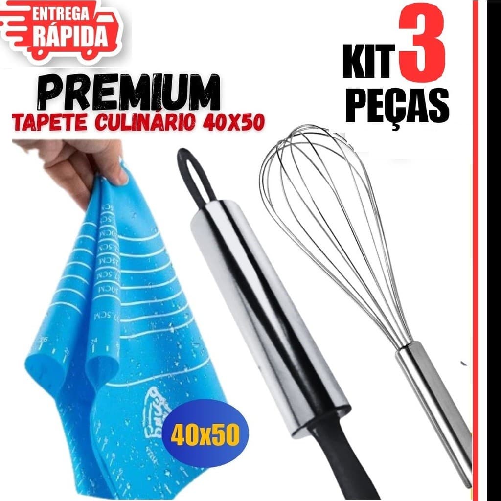 Kit 3 Peças Tapete Culinário em Silicone Antiaderente Confeitaria 40X50, Rolo de Massa De Batedor Fue 23 Cm de Ovos Inox