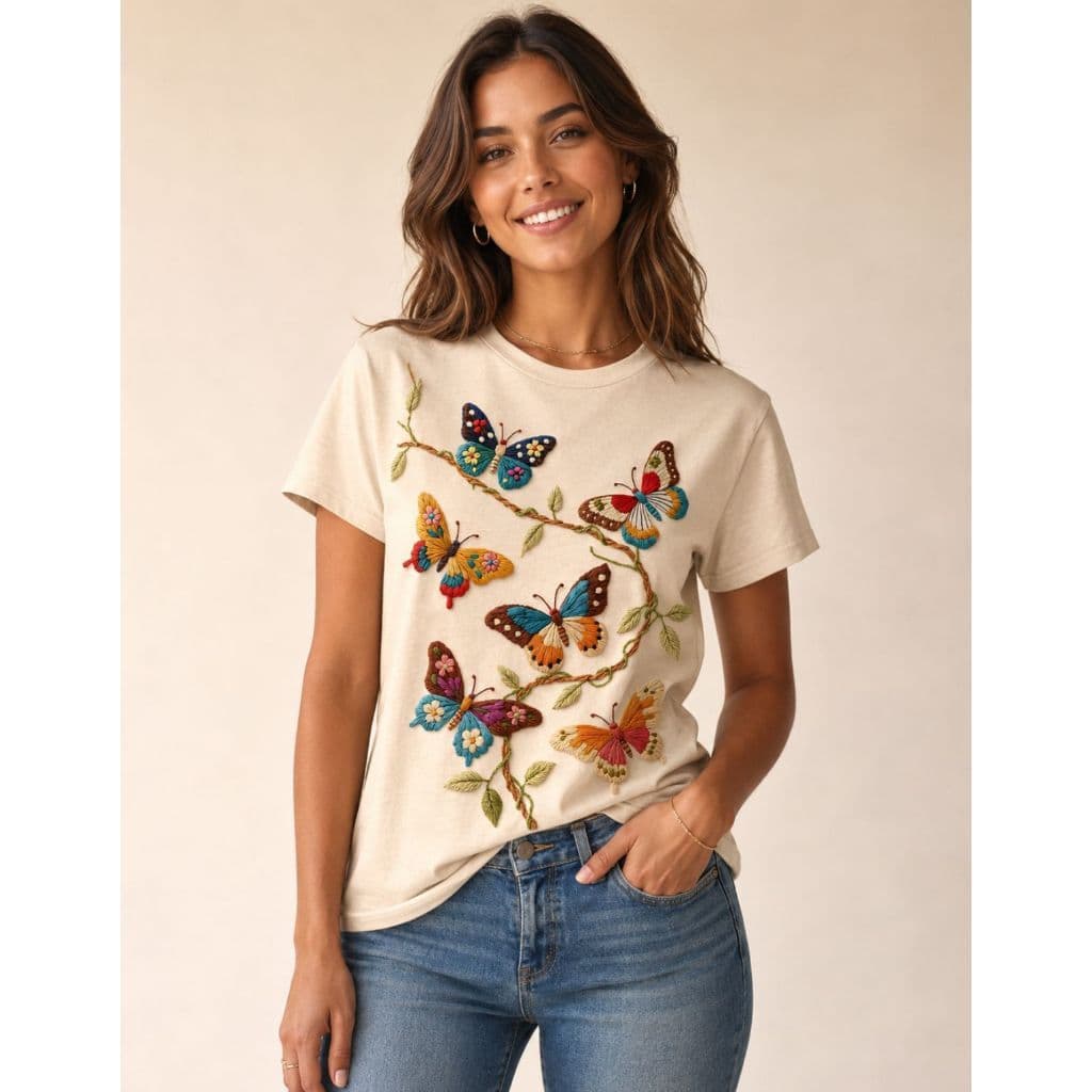 Camiseta Feminina T-shirt Feminina Borboletas Estampada Academia Desenho 3D Borboleta Florais Algodão