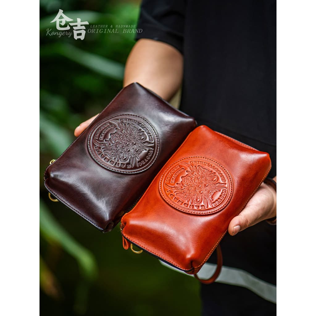 [Longxiang Zangfeng] Bolsa para celular Wenwan!Cangyoshi pulseira de nogueira artesanal bolsa de armazenamento de couro