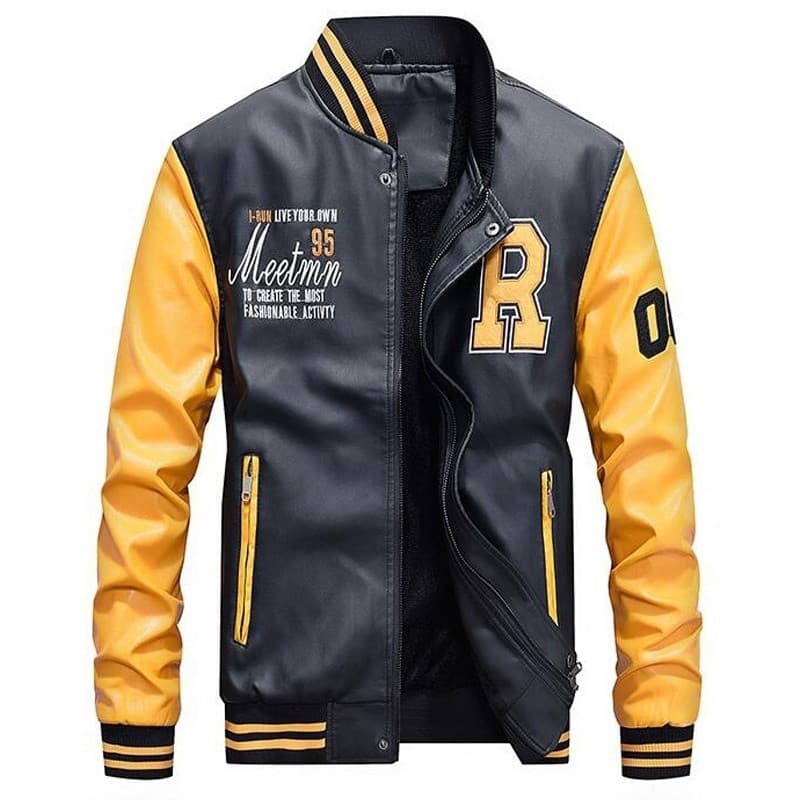 Jaqueta Bomber Masculina de Couro PU Bordada, Estilo Universitário, Slim Fit, Luxuosa, com Gola WNEA