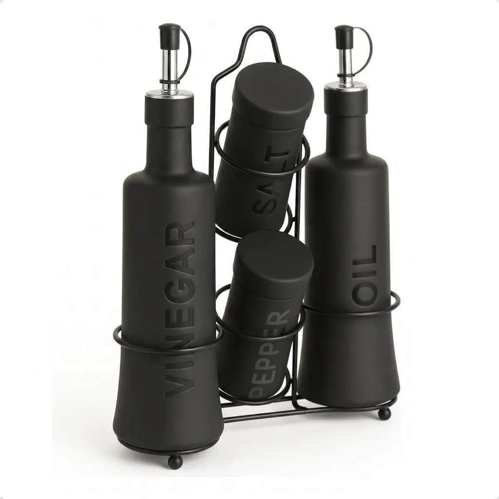Galheteiro Com Suporte 5 Peças e 2 Peças Nero Vidro Preto Decoração Ex Decor