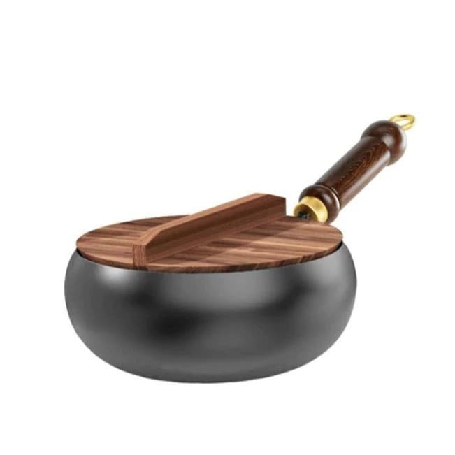 Frigideira de Ferro Fundido Premium 28cm Profunda Antiaderente Tampa de Madeira