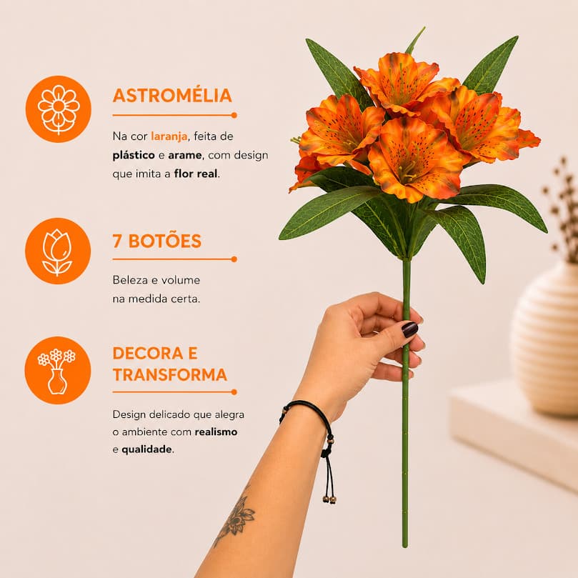 Galho De Astromélia Laranja C/ 7 Flores Artificial - H8