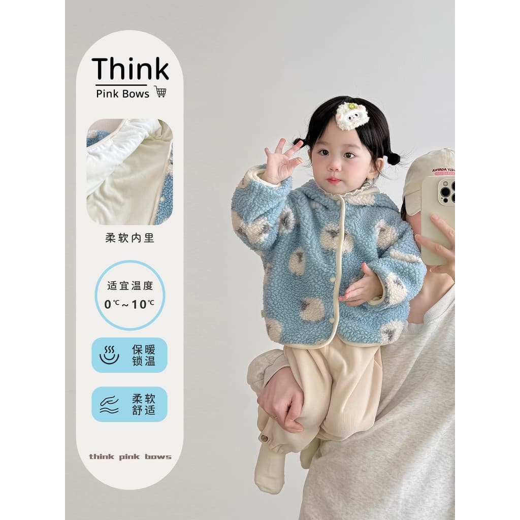 Casaco de bebê inverno novo estilo lã de cordeiro com capuz topo de um ano de idade roupas da menina do bebê moda forro
