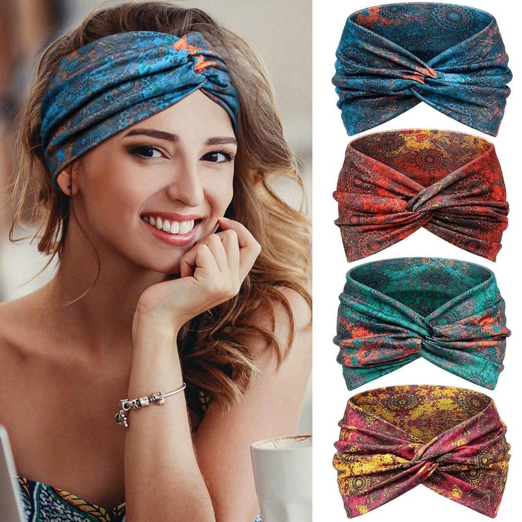 Tiaras Para Cabelo Feminino , Faixas Largas – 4 Peças De Turbante Vintage Elástico Macio Cabeça