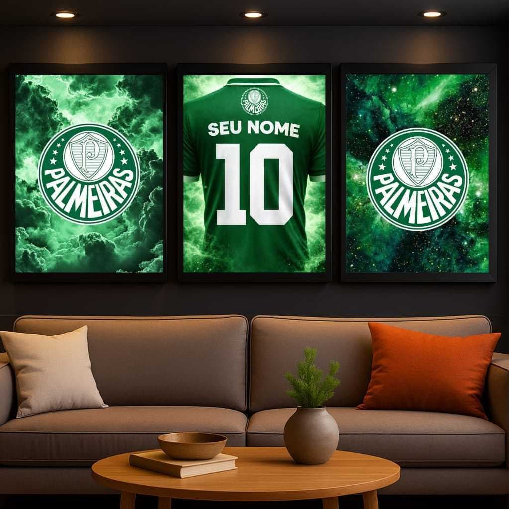 Kit 3 Quadros Palmeiras Personalizado Nome e Número Arte Torcedor