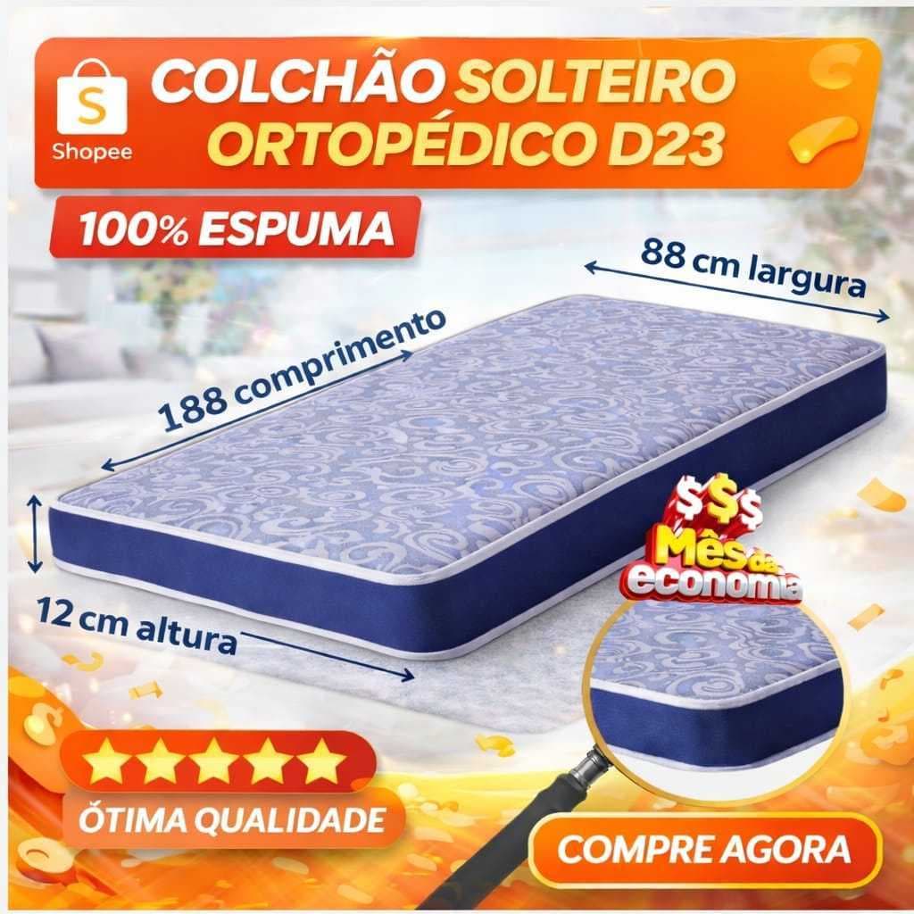 Colchão 100% Espuma Solteiro D23 Ortopédico 188x88x12cm Durável Acabamento PREMIUM - Envio Imediato