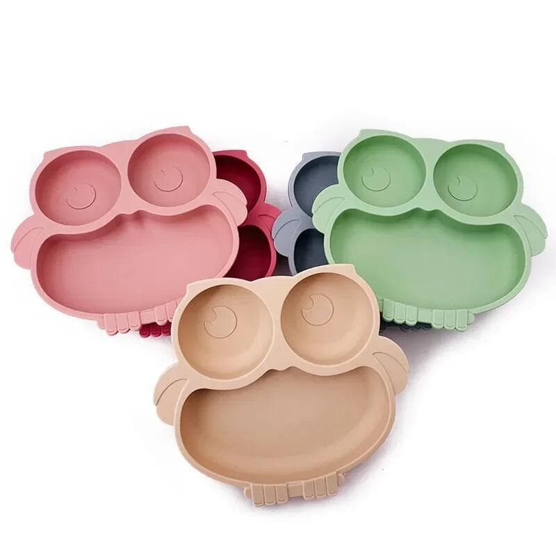 Prato de Silicone para Bebês em Forma de Coruja, Pratos Infantis com Sucção para Crianças Pequenas, Tigela de Alimentaçã