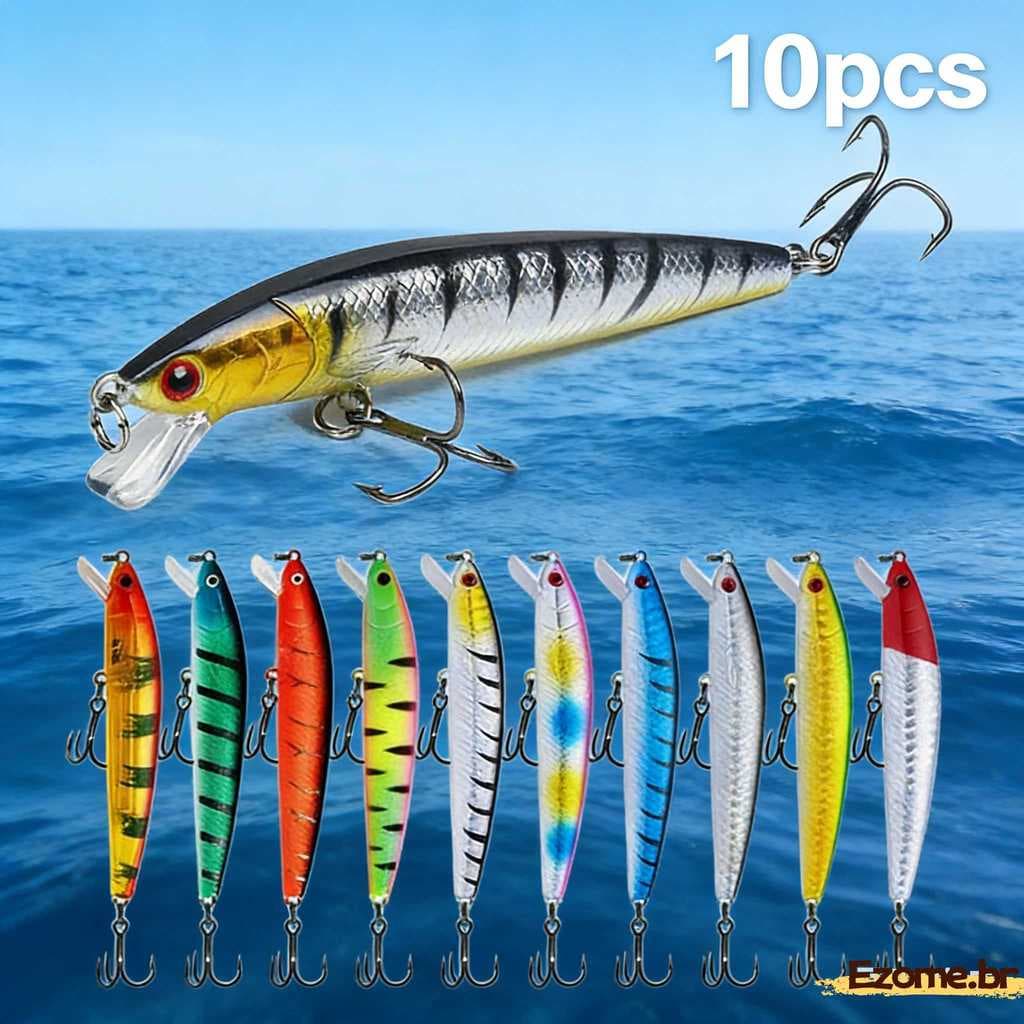 Kit 10 Iscas Artificial Meia água Premium Pesca Truta Peixe Realista Anzol Duplo 10cm 9g