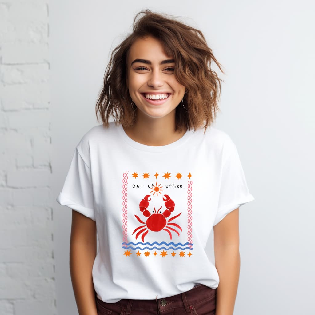 Camiseta Feminina Estampa Mar Caranguejo Frase Férias On