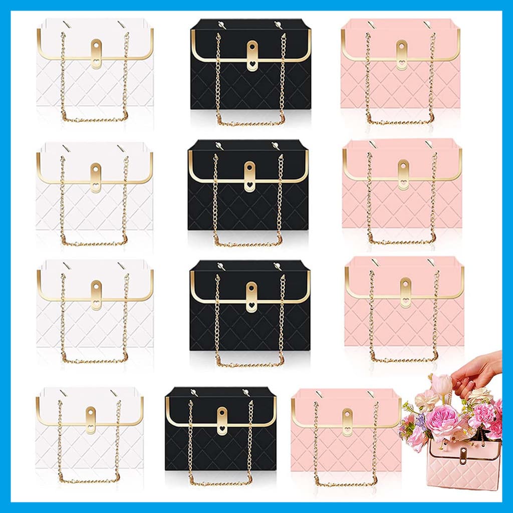 12 peças 15*10*10.5cm bolsa de flores para uso de rua com corrente dourada três cores cada 4 peças embalagem Floral