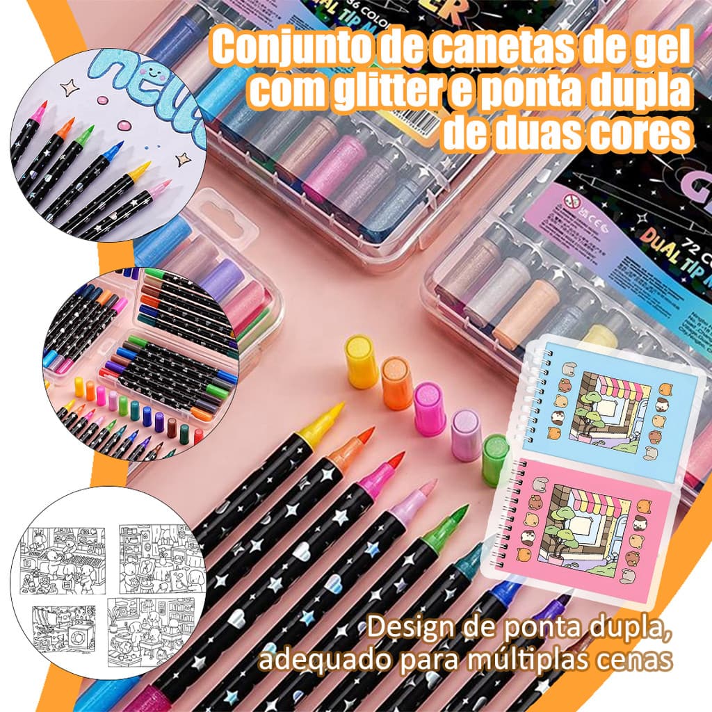 Kit Caderno de Colorir 50 Páginas + Canetas Glitter Coloridas 24/36/48/60/80 Cores Desenho Arte Criativa