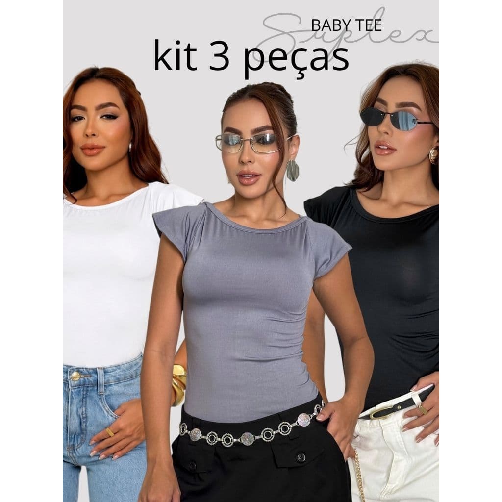 KIT 3 Baby Tee Feminina Blusa Slim Fit Manga Curta Blusa de Compressão Suplex Proteção UV Academia e
