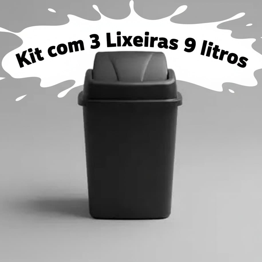 Kit 3 Lixeiras Retangular 9 Litros Tampa Basculante Vai e Vem Cozinha Banheiro Organizador