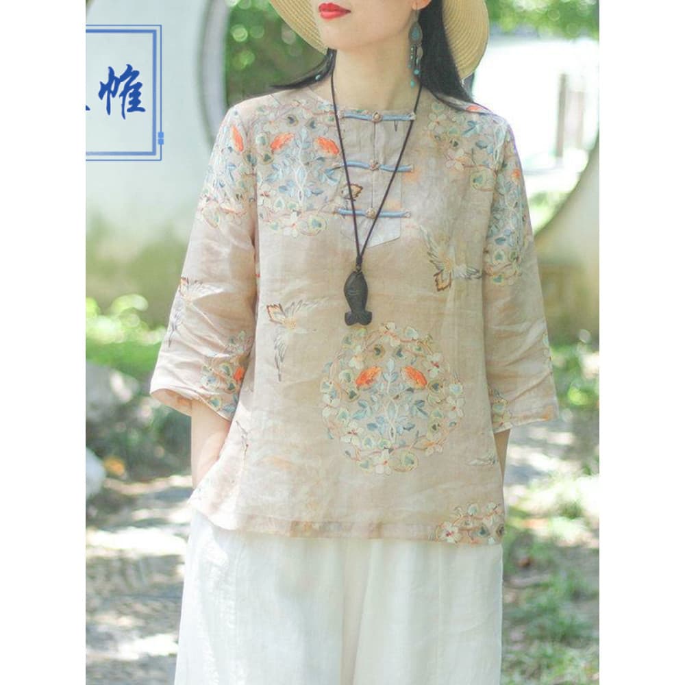 Primavera verão estilo algodão linho camisa feminina meia manga chinês Retro abotoado topo literário Ramie protetor sola