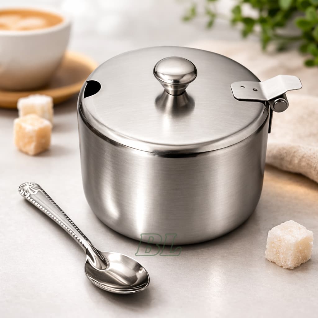 Açucareiro Saleiro Cozinha de Inox 300ml Com Colher e Tampa Açúcar Sal Temperos Casa Decoração