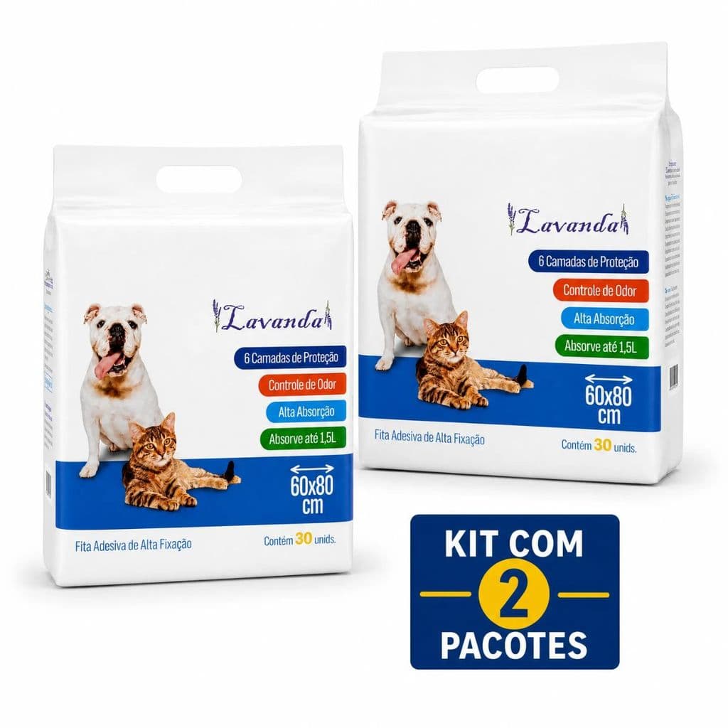 Kit 2 Tapete Higiênico Para Pet 6 Camadas de Proteção 60 Unidades 60x80Cm