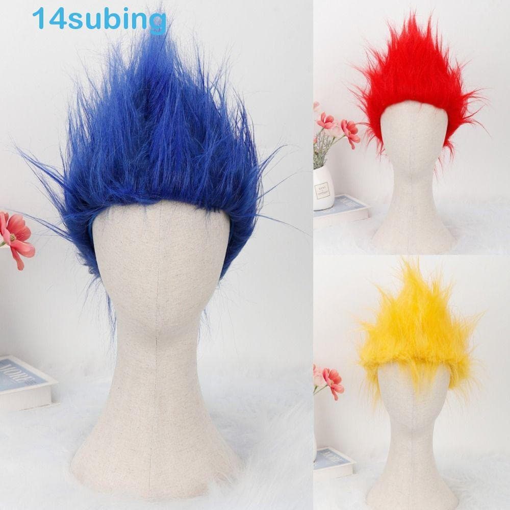 SUBING Peruca Curta Cosplay , Anime Vermelho Azul Amarelo Chama Perucas De Halloween , Sintéticas Em Camadas Retas Disco
