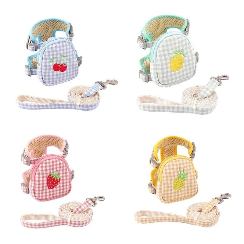Kit de Coleira e Mochila para Cães com Padrão de Frutas Bordadas em Estilo Cartoon, para Passeios ao Ar Livre e Treiname