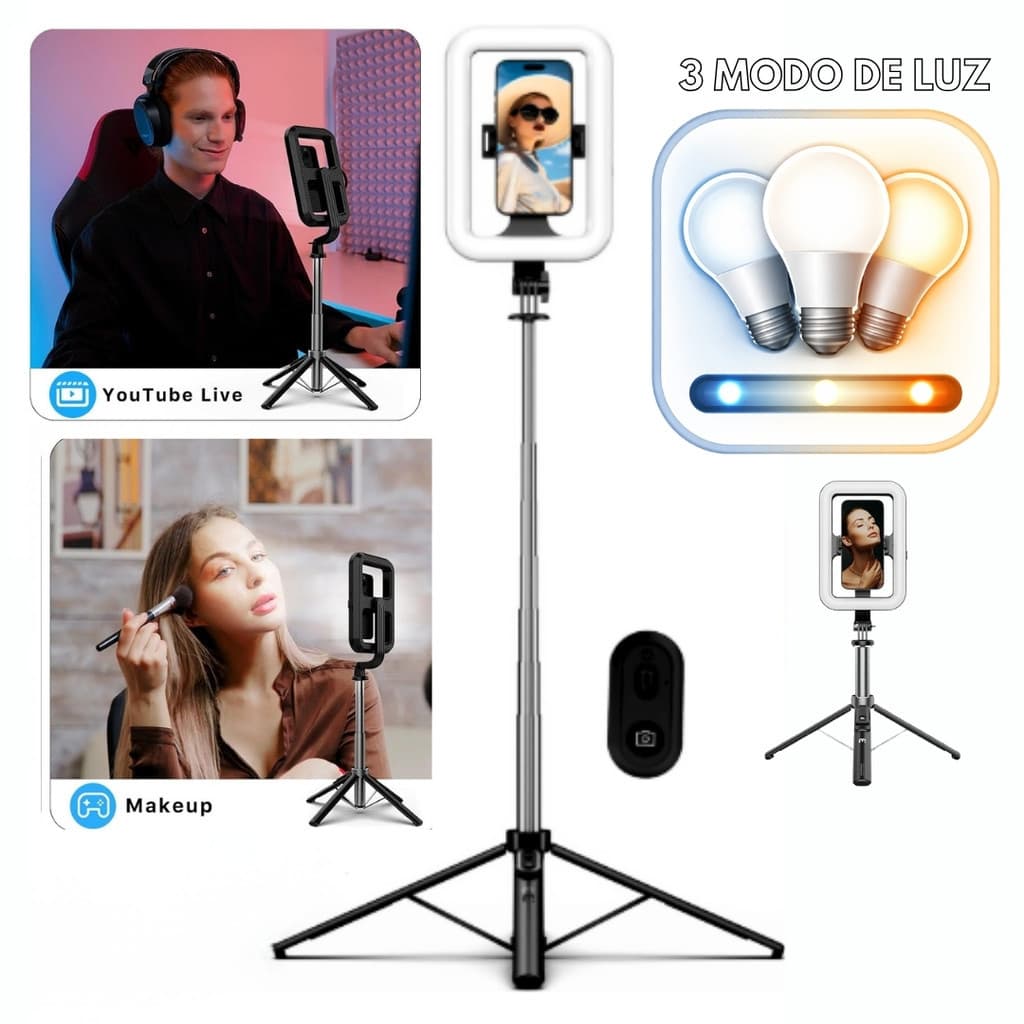 Bastão Tripé Pau De Selfie Quadradro Suporte Celular Com Controle 138cm com led luz