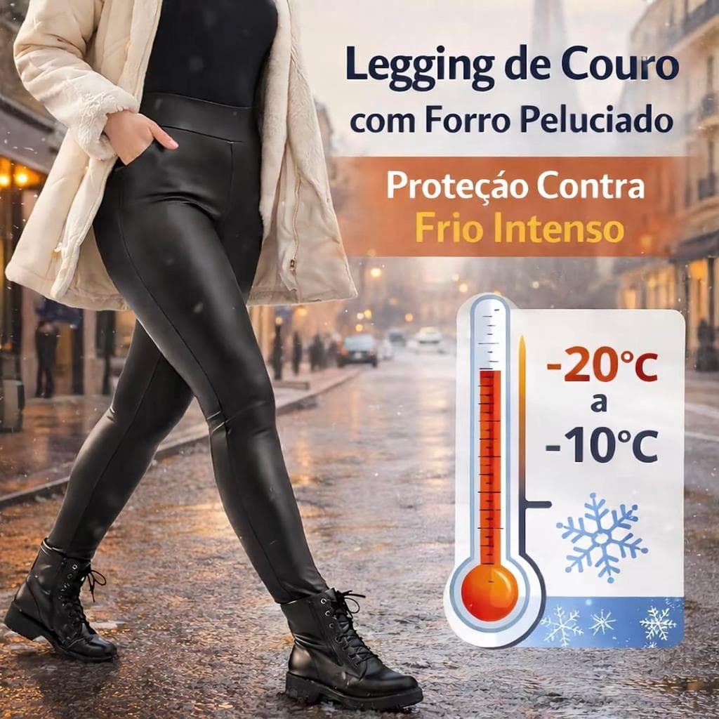 Calça Legging Feminina Couro Sintético Cintura Alta Modeladora Slim Fit Peluciada Confortável