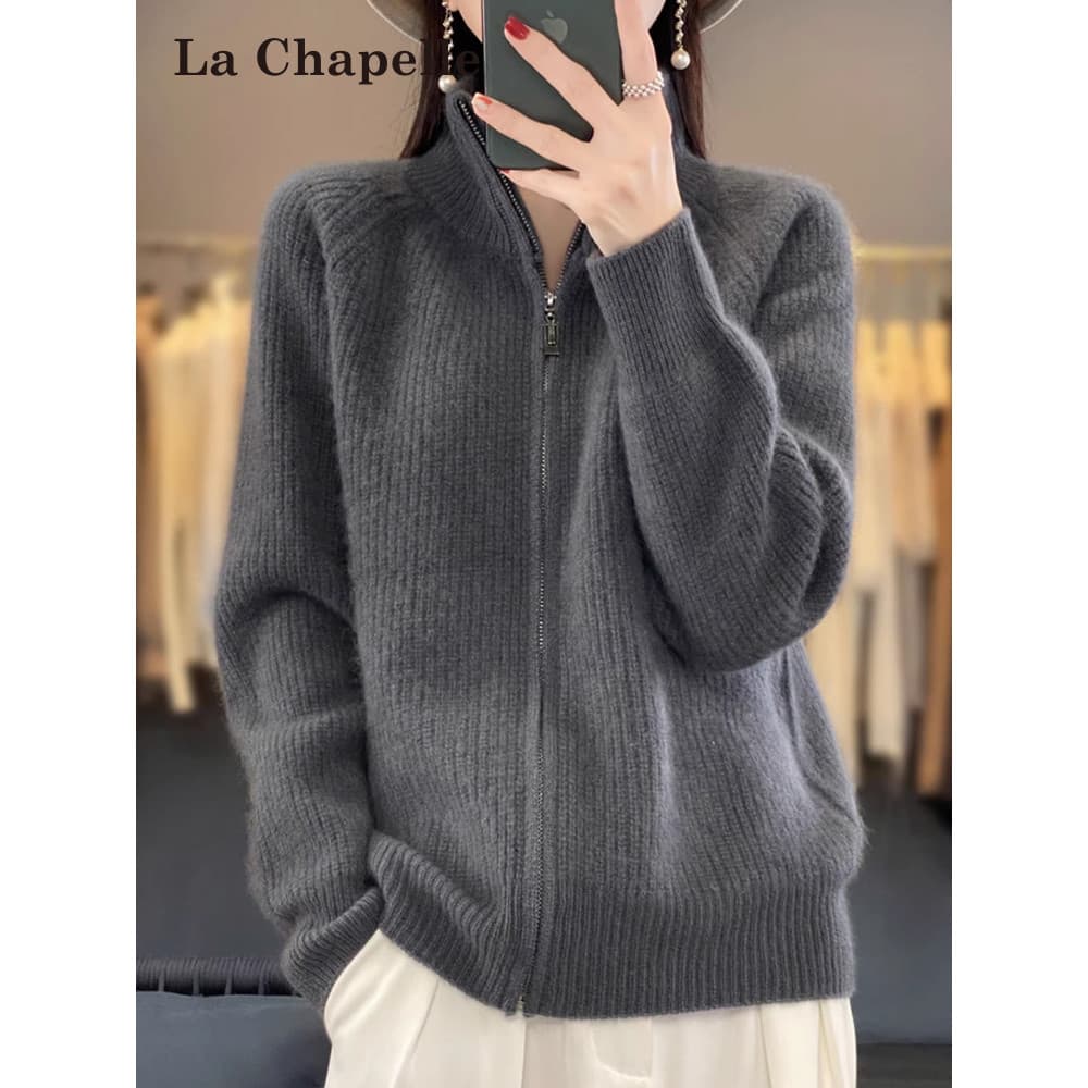 Lasherbell cor sólida gola alta zíper malha Cardigan jaqueta feminina primavera outono Plus Size feminino topo outono in