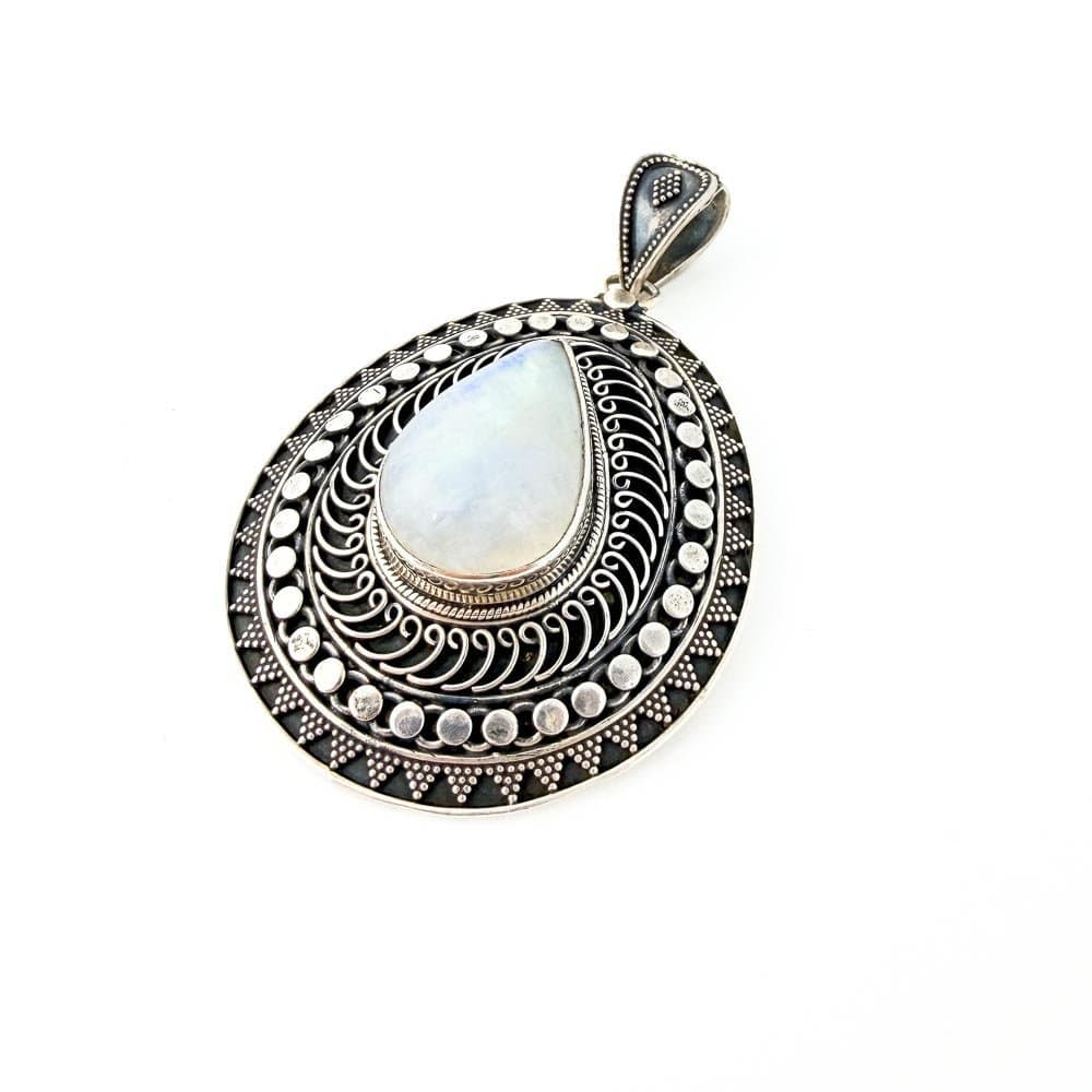Pingente Mandala com Gota Pedra da Lua Prata de Bali 925 Pedra da Lua