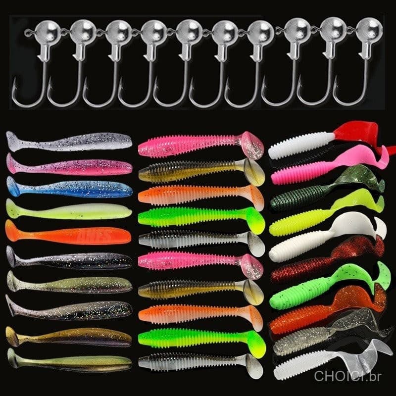 Conjunto de Iscas de Pesca Simuladas Conjunto de Iscas de Pesca Artificiais de Silicone com Crankbaits e Cabeça de Ganch