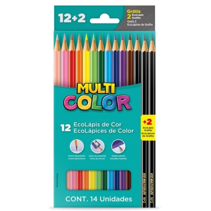 Lápis de Cor 12 Cores + 2 Lápis Grafite -  Multicolor