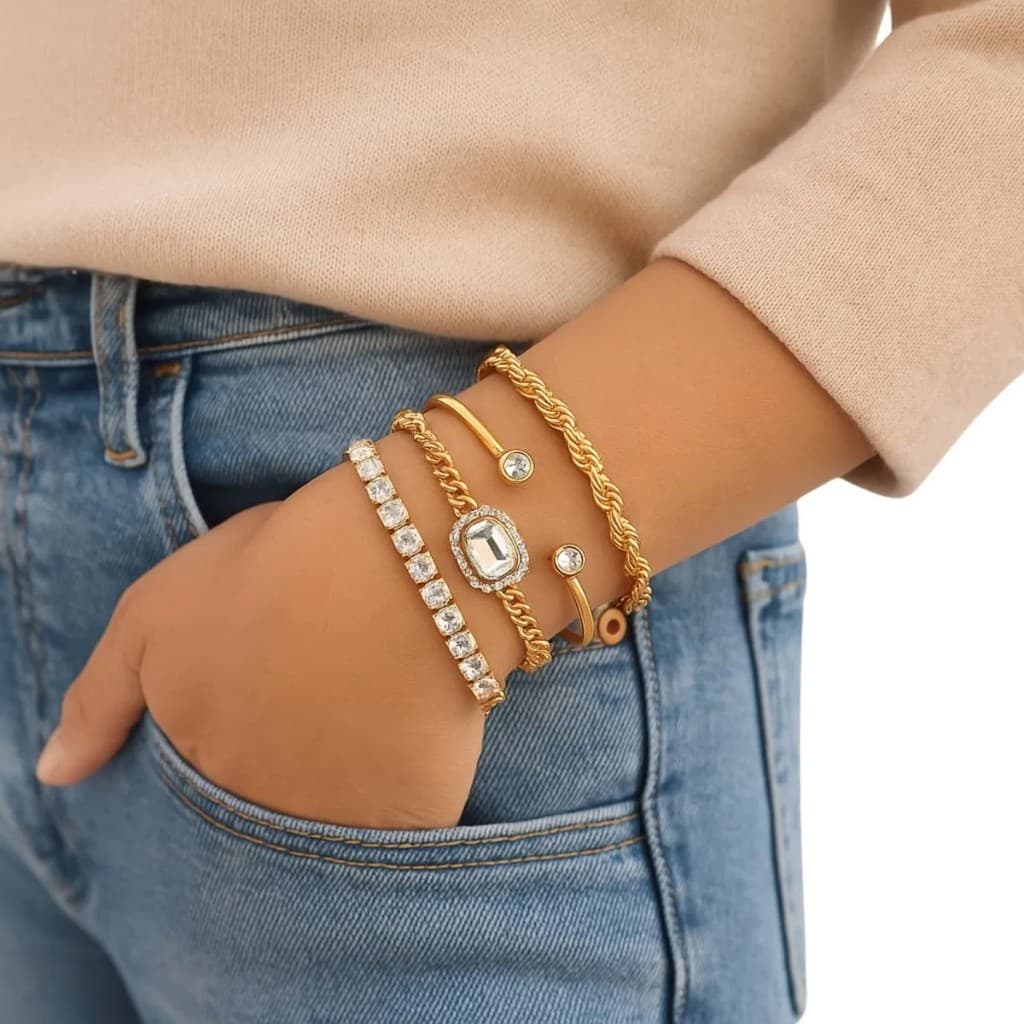 Conjunto 4 Pulseiras Femininas Dourada Prata Bracelete Joias