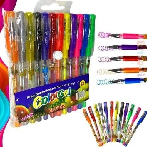 Kit Caneta 12 Cores Gel Com Brilho Esferografica Escolar Colorgel