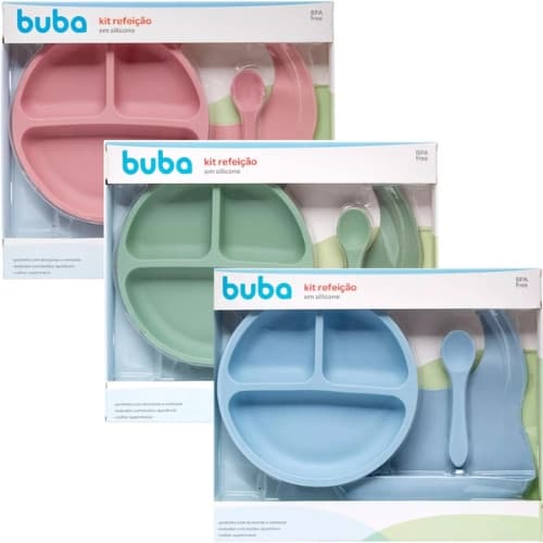 Kit Refeição Para Introdução Alimentar De Silicone Com Prato De Ventosa Babador e Colher Buba