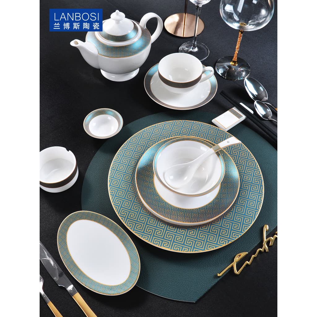High-End Hotel cerâmica conjunto de utensílios de mesa Catering suprimentos caixa tigelas pratos pratos osso colher estr