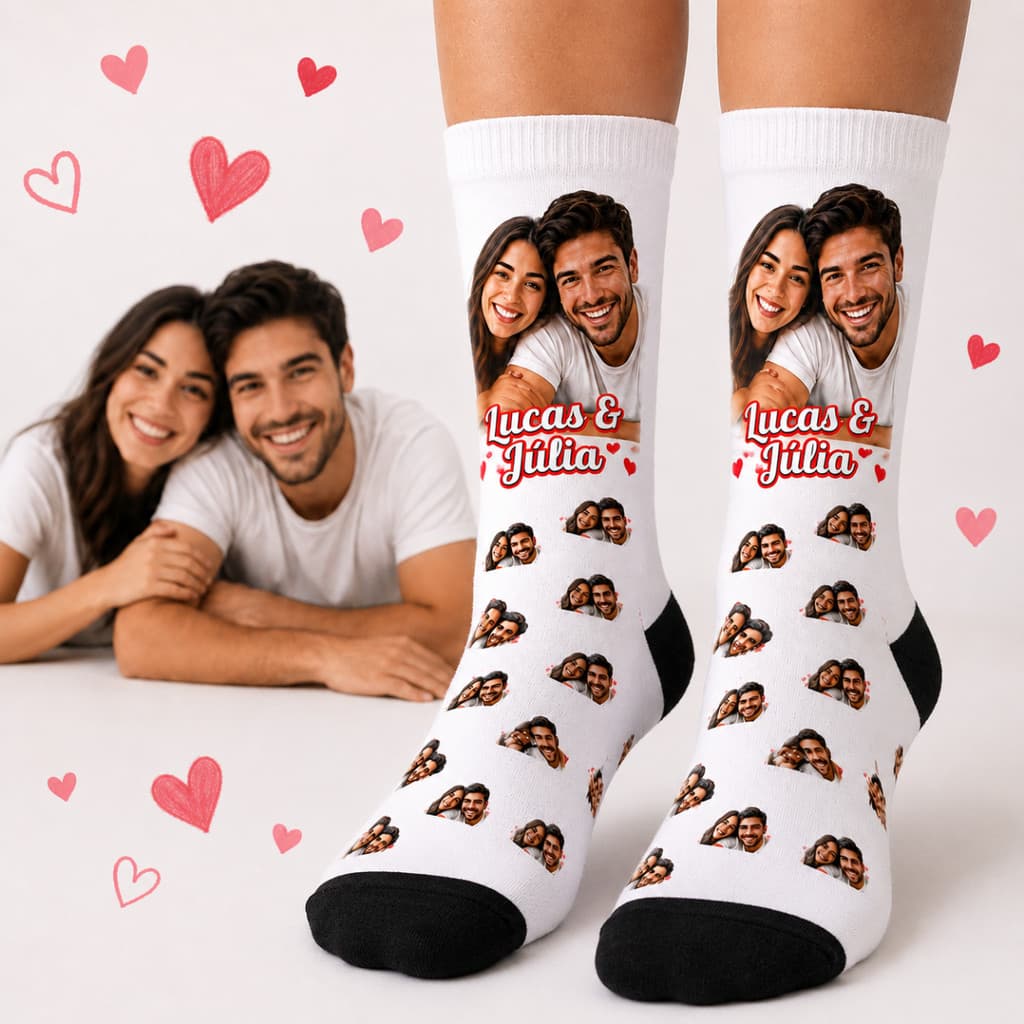 Meia Personalizada Casal Dia dos Namorados Foto Nome Presente Romântico Meia Customizada Amor