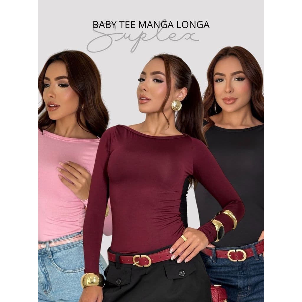 Blusa Manga Longa babytee gola canoa tendencia inverno camiseta Feminina Baby Tee Detalhe Gola