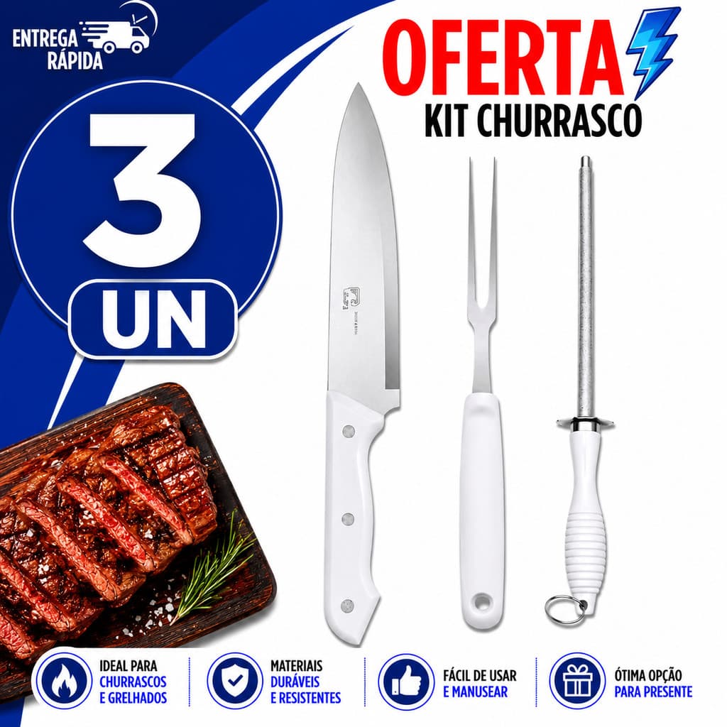 JOGO CHURRASCO PROFISSIONAL FACA 8'' + CHAIRa + AFIADOR + GARFO INOX