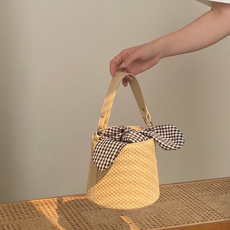 Bolsa balde de palha feminina 2026 verão moda influenciador único atado bolsa Cross-corpo tecido saco feminino
