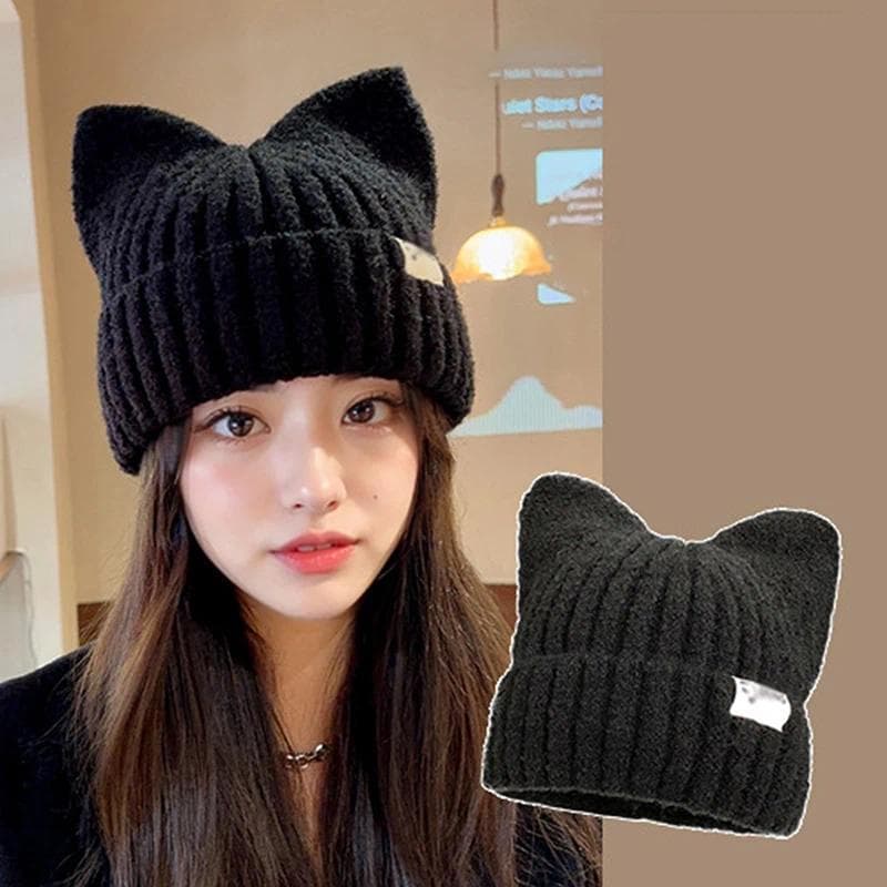 Toucas Fofas com Orelhas de Gato para Mulheres, Proteção Quente para as Orelhas no Outono e Inverno, Bonés de Tricô Vers