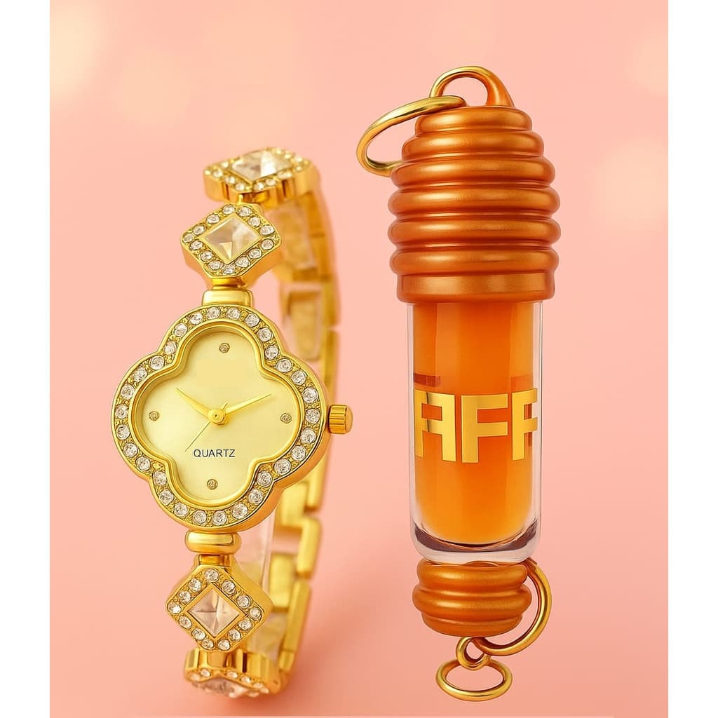 Kit Relógio Trevo Luxo Feminino + Gloss Lip Honey Hidratante