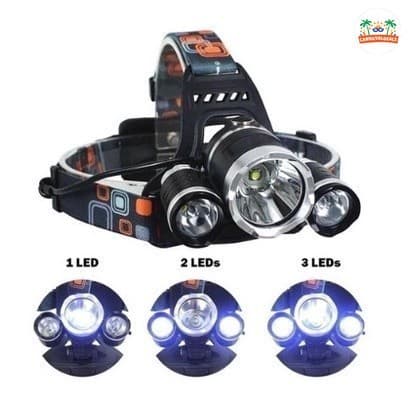 Lanterna de Cabeça LED T6 3 Modos Impermeável para Trilhas Mergulho e Emergências