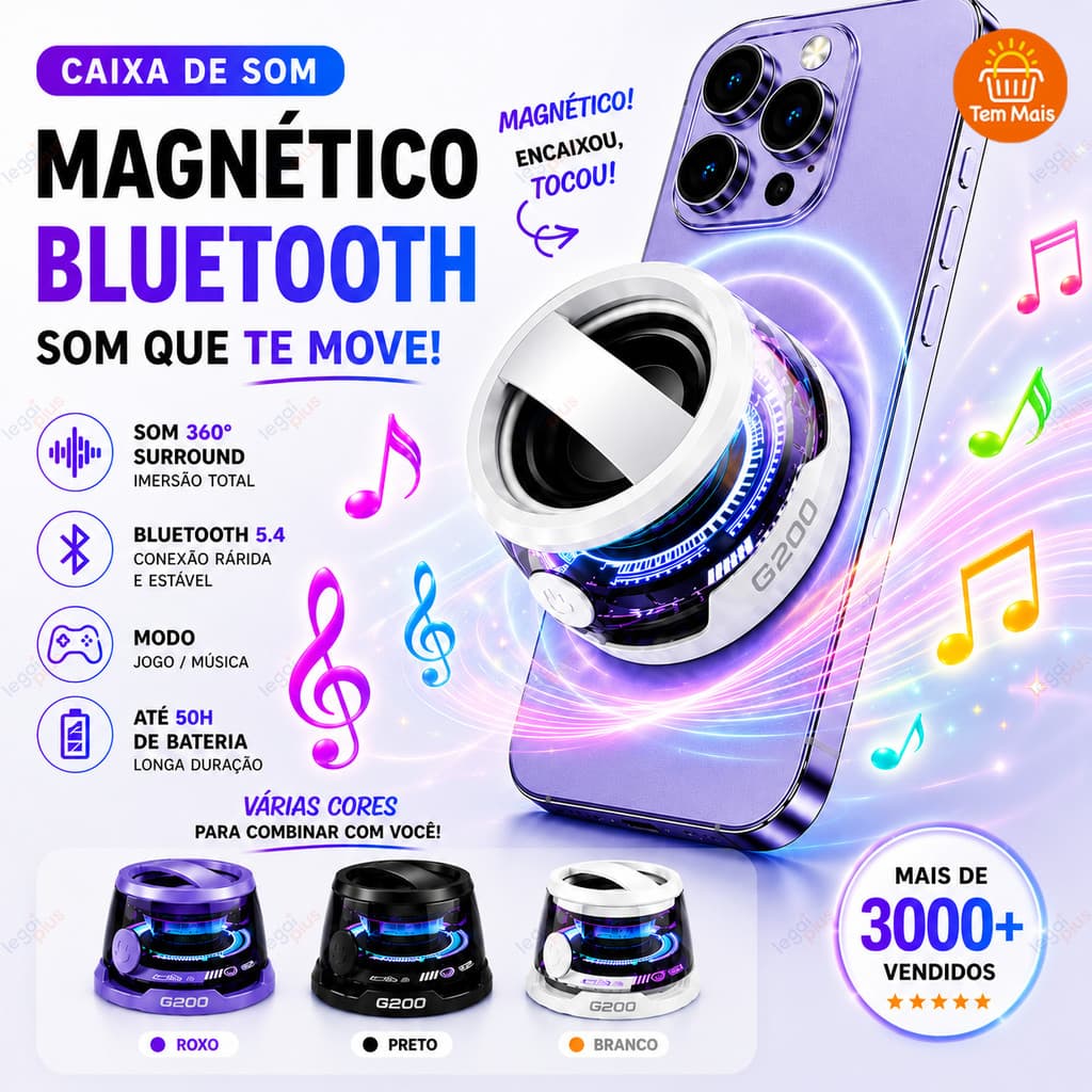 Caixa de Som Portátil Bluetooth com LED – Mini Speaker Magnético RGB, À Prova d’Água