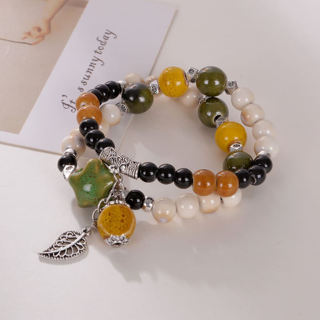 Estilo chinês arte feita à mão pulseira de cerâmica feminina dupla camada novo estilo étnico retrô chinês All-Match puls