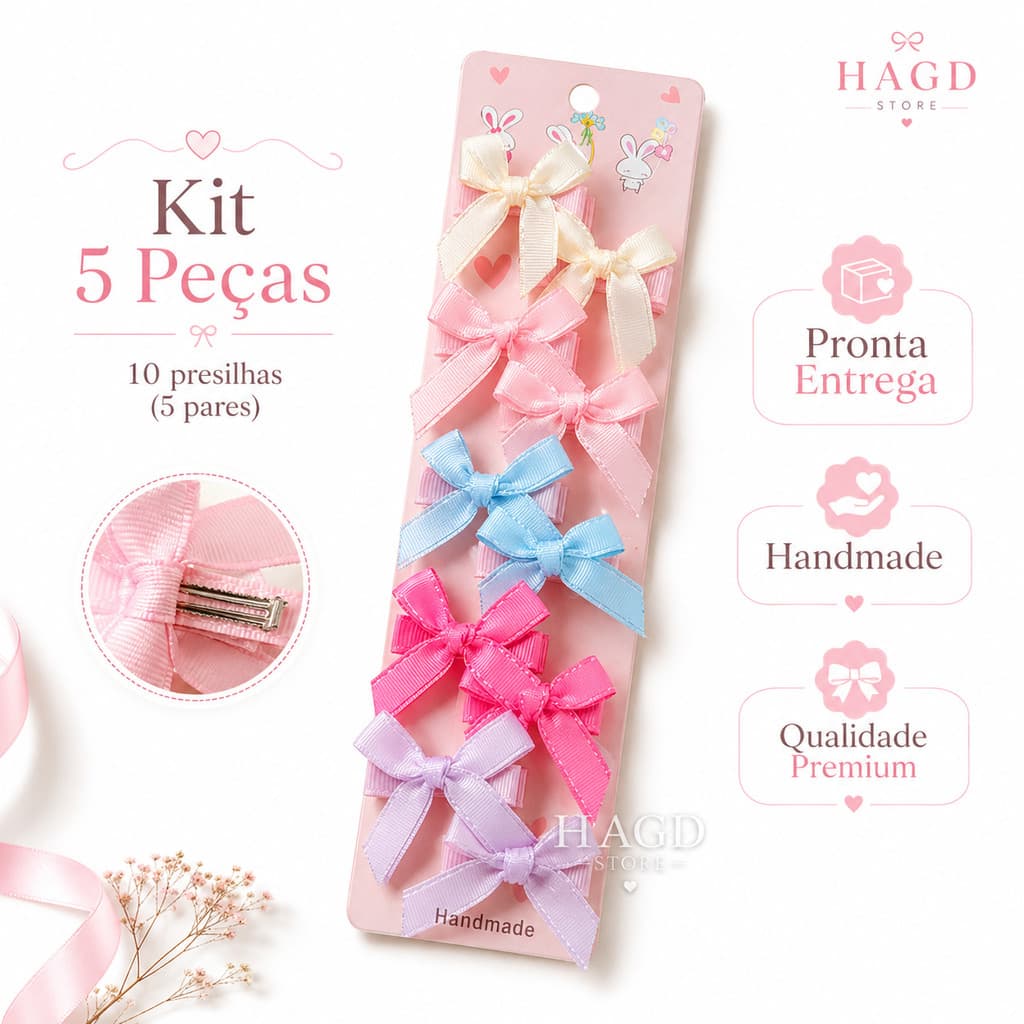 Kit 5 Laços Pet Presilhas Variadas para Cães e Gatos - Estampas Xadrez Poá Cetim e Brilho Acessórios Cabelo Luxo Atacado