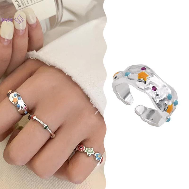 [DASK] Anéis De Estrela De Flor Colorida Dopamina Abertura Ajustável Gota De Óleo Dedo Femininos Joias De Mão Para Mulhe