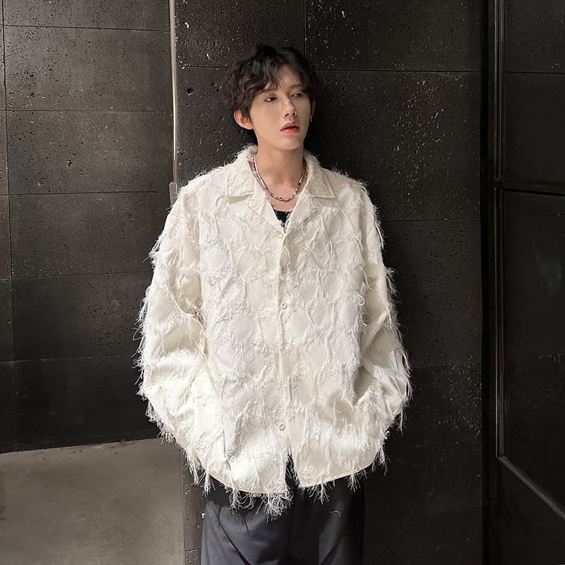 Outono versão coreana nicho borla Design camisa Casual de manga comprida masculino influenciador Puffer bonito frito rua