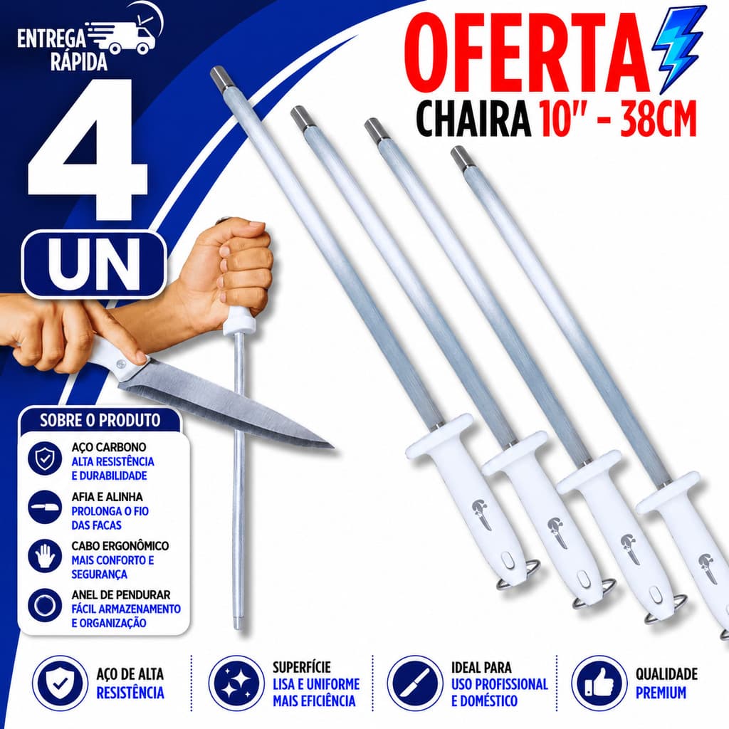 CHAIRA AMOLADOR 10" 38CM ESTRIADA PROFISSIO AFIADOR  FACAS PREMIUM  CHURRASCO COZINHA  AÇOUGUE – PRECISÃO E DURABILIDADE