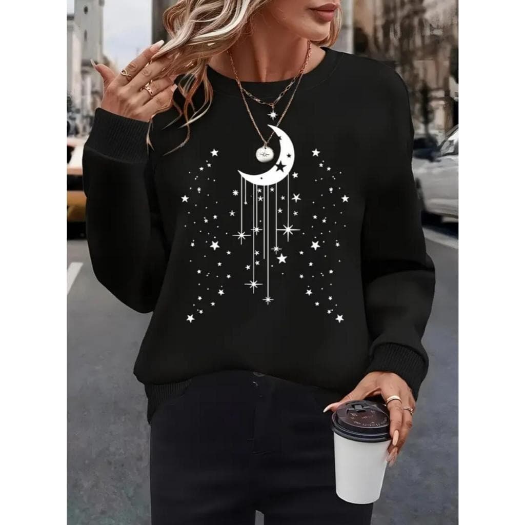 Moletom Feminino Plus Size Gola Careca Preto - " Lua com Estrelinhas" Ref 1524-PT !