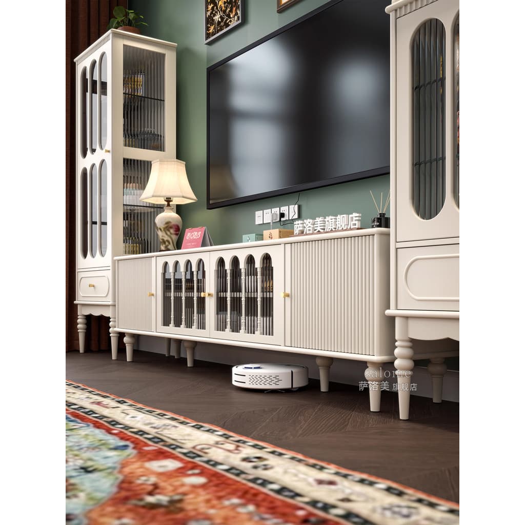 Estilo creme de madeira maciça armário TV piso sala estar estilo americano 2026 novo estilo francês creme branco armário