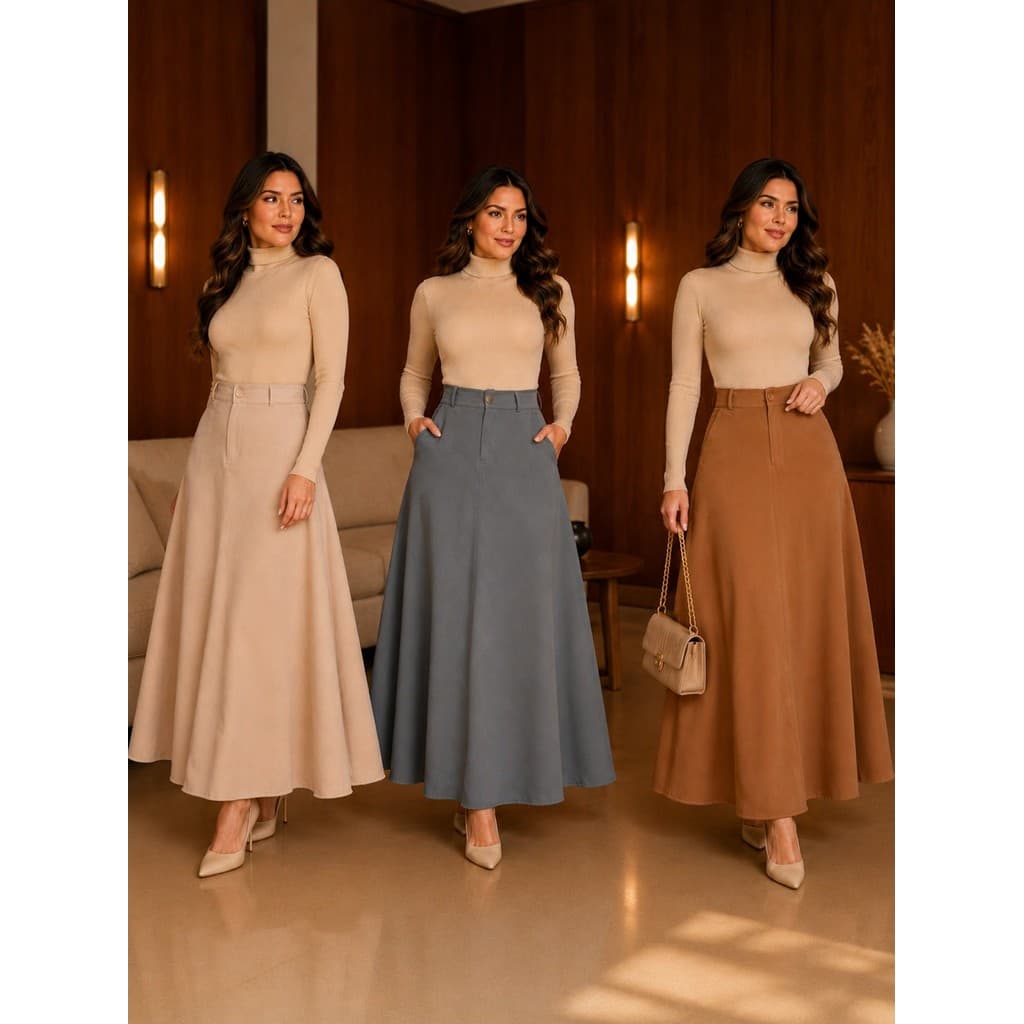 Saia Longa Feminina Alfaiataria Evasê Cintura Alta Social Elegante Moda Elegante