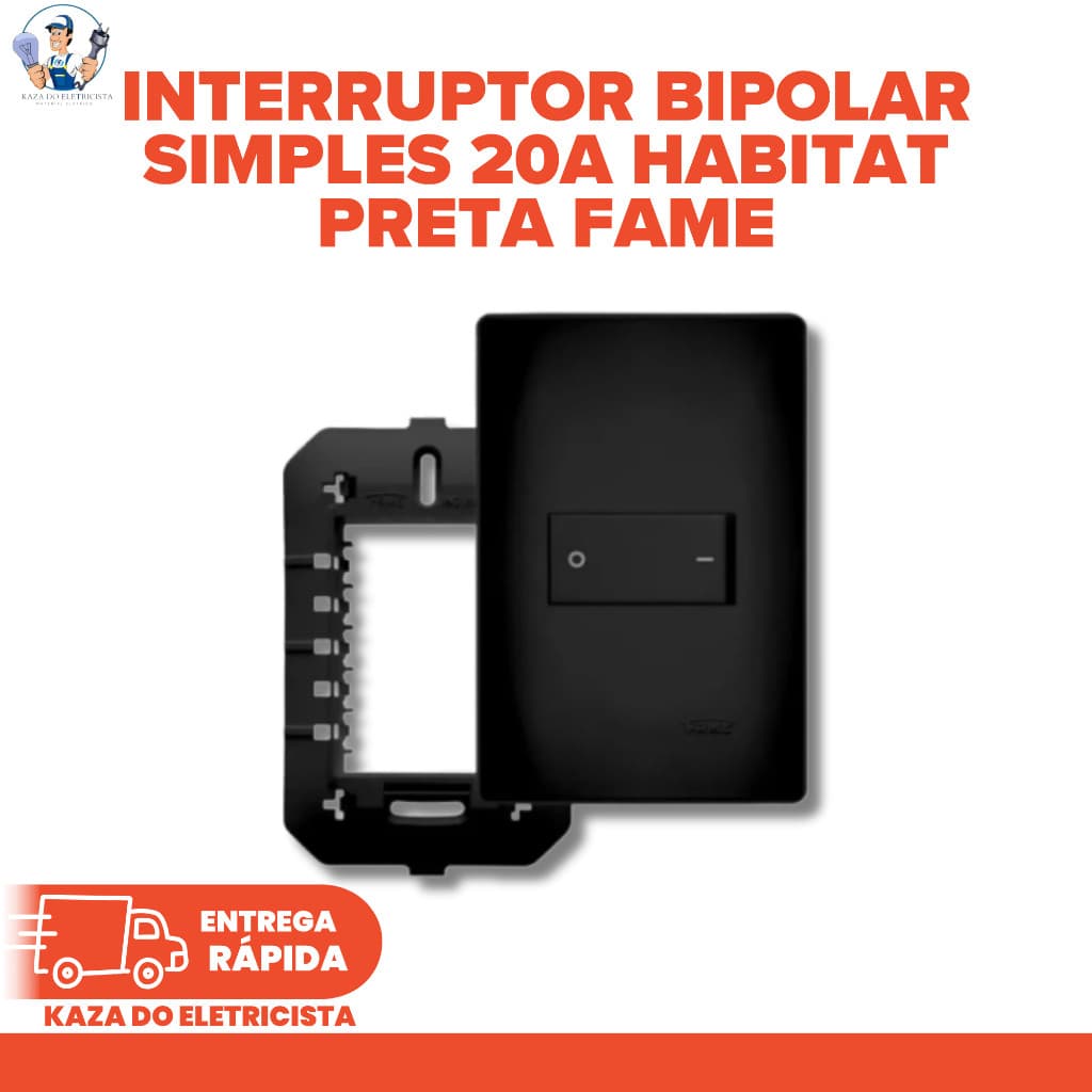 KIT C/3 Interruptor Bipolar Simples 4x2 20A 250V com Placa Habitat Preta - FAME